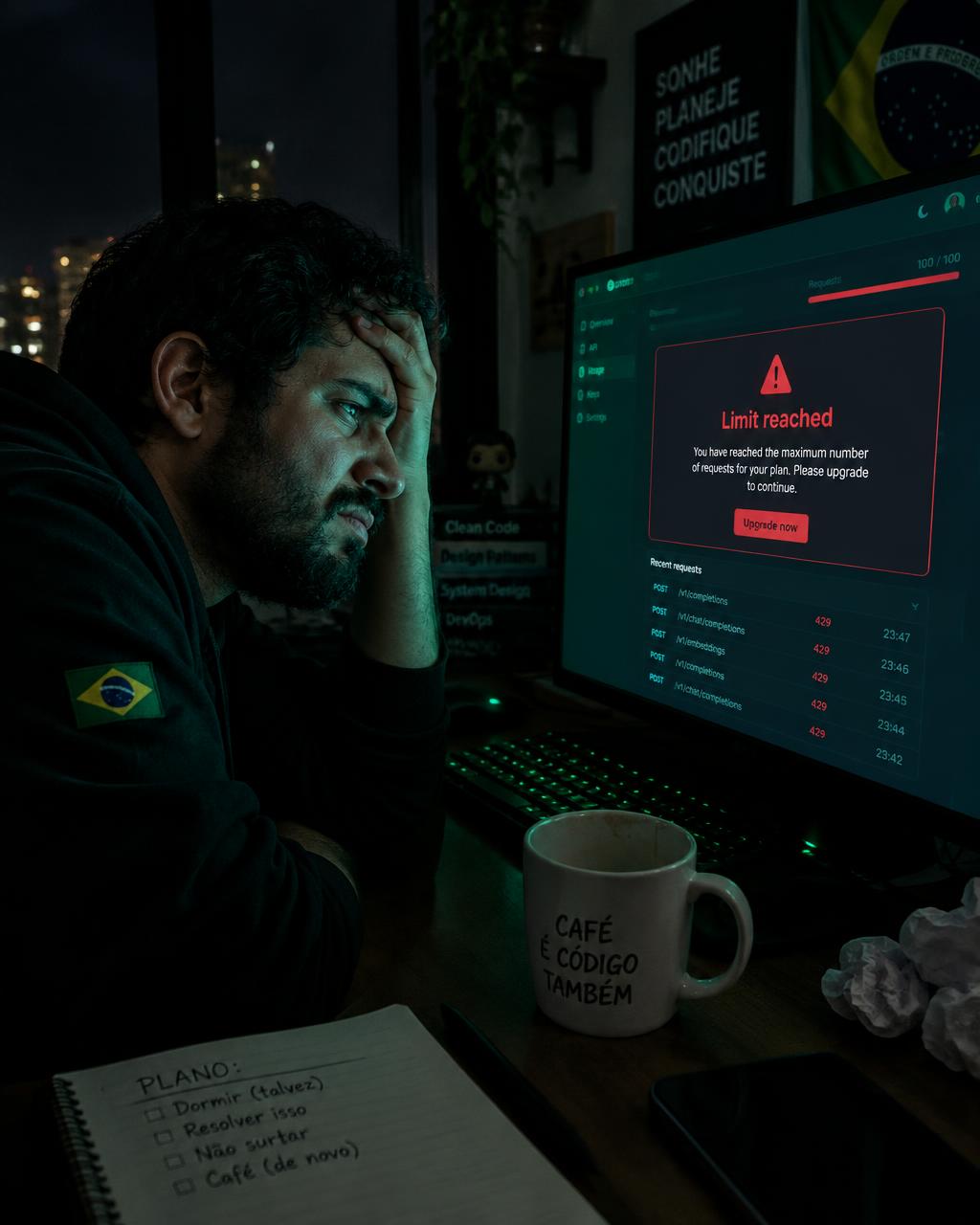 Desenvolvedor frustrado diante do aviso de limite atingido